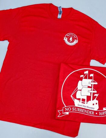 red crewneck tshirt front with small white logo on left breast and large white logo on back of shirt