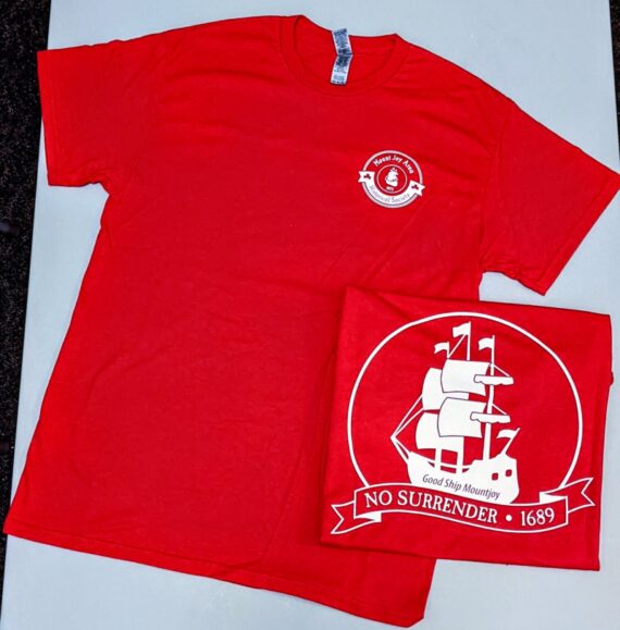 red crewneck tshirt front with small white logo on left breast and large white logo on back of shirt