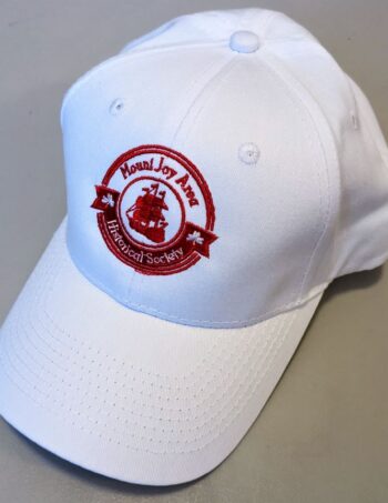 white ball cap with red embroidered logo