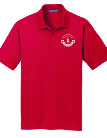 red polo shirt with white logo on the left breast pocket area