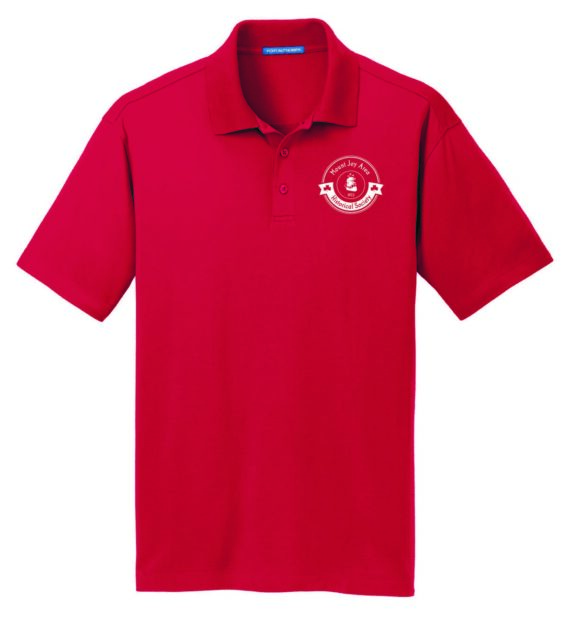 red polo shirt with white logo on the left breast pocket area