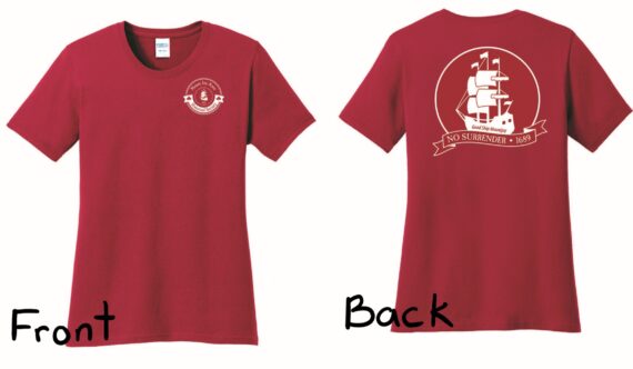front and back of t-shirt. Red shirt with white lettering.